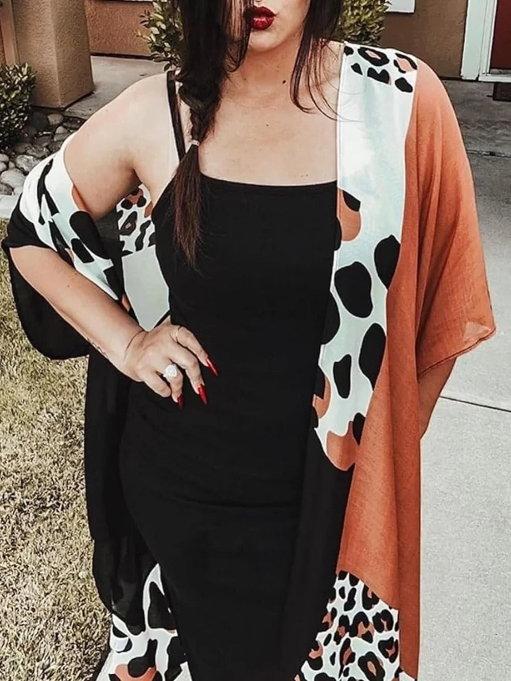 Leopard print colorblock open-front kimono cardigan - Picture 4 of 6